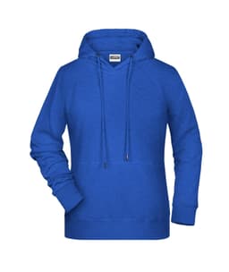 A blue ladies hoodie with a front pouch pocket and drawstring hood, featuring a logo on the label.