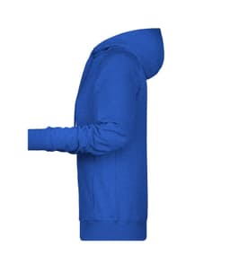A blue ladies hoodie with a side view, featuring a hood and long sleeves. It has a logo on it.
