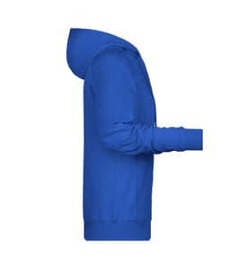 A blue ladies hoodie with a hood and long sleeves, featuring a logo.