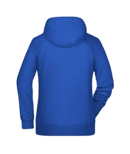 A blue ladies hoodie with a spacious hood and long sleeves, featuring a logo on the back.