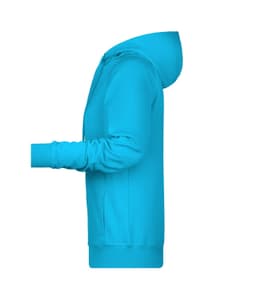 A turquoise ladies hoodie with a hood and long sleeves, featuring a logo on the front.