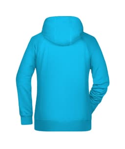 A vibrant turquoise ladies hoodie featuring a back view and a hood, ideal for casual wear.