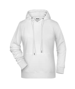 A white ladies hoodie featuring a drawstring hood and kangaroo pocket. It has a logo on the front.