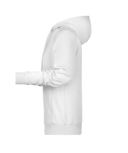 A white ladies hoodie featuring a front zip and a hood, with a logo on the chest.