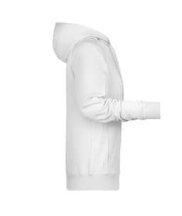 A white ladies hoodie featuring a hood and long sleeves, displayed from the side. It has a logo on the front.