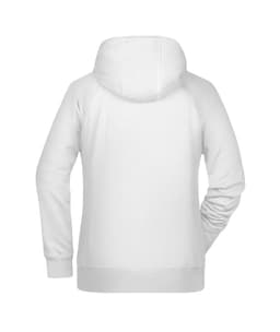 A white ladies hoodie featuring a hood and long sleeves, with a plain back design.