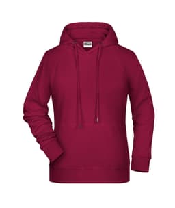 A burgundy hoodie with a drawstring hood, featuring a logo and a relaxed fit.