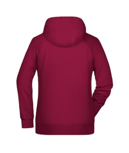 A maroon ladies hoodie with a hood and long sleeves, featuring a logo on the back.