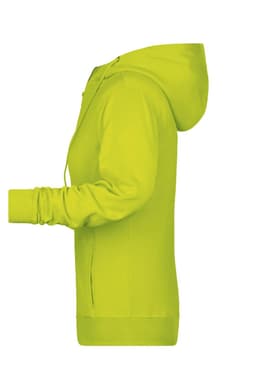A ladies zip hoodie in bright yellow with a hood, featuring a side view and a logo on the front.