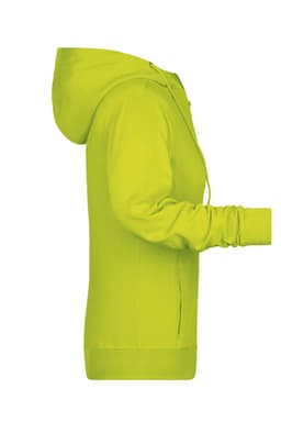 A ladies zip hoodie in bright yellow, featuring a hood and a side view showcasing its fit. It has a logo.