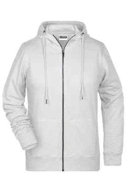 A grey zip hoodie featuring a hood and a zipper closure, with a logo on the front.