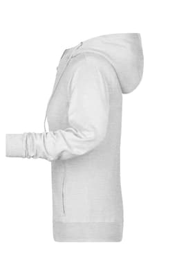 A grey ladies zip hoodie with a hood and long sleeves, featuring a logo on the front.