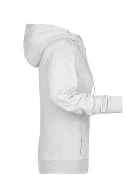 A light grey ladies zip hoodie with a hood, featuring a side view and a logo on the front.
