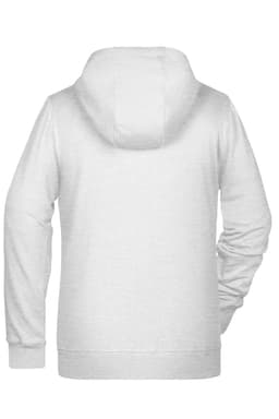 A white ladies zip hoodie featuring a hood and long sleeves, with a logo on the back.