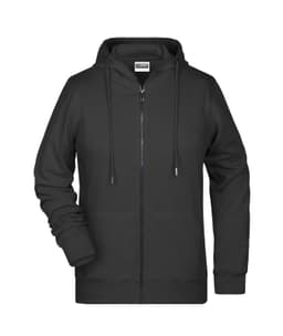 A black zip hoodie featuring a front pocket and a drawstring hood. The hoodie has a logo on it.