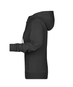 A black ladies zip hoodie displayed from the side, featuring a hood and long sleeves. It has a logo.