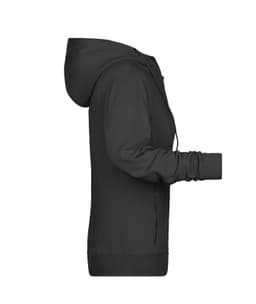 A black ladies zip hoodie featuring a front zip and a hood, displayed from the side. It has long sleeves and a fitted design.