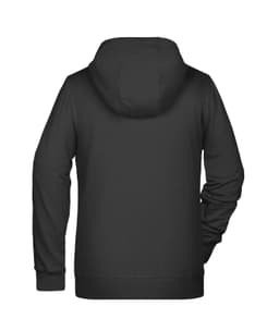 A black ladies zip hoodie featuring a hood and long sleeves, with a logo on the back.