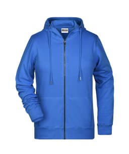 A blue ladies zip hoodie with a front pocket and a hood, featuring a logo on the tag.