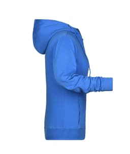 A blue ladies zip hoodie with a hood and side pockets, featuring a logo on the front.