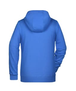 A blue ladies zip hoodie with a hood and a plain back view. It has a logo on the back.