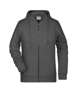 A grey zip hoodie with a front pocket and drawstring hood, featuring a branding logo.