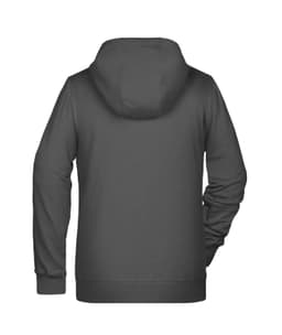 A grey ladies zip hoodie with a hood and long sleeves, featuring a logo on the back.
