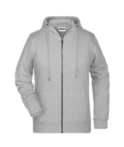 A grey ladies zip hoodie featuring a front zipper and a hood, with a logo on the label.