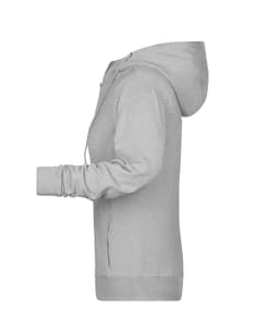 A grey ladies zip hoodie displayed from the side, featuring a hood and a logo.