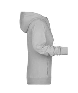 A grey ladies zip hoodie with a hood and long sleeves, featuring a side view design.