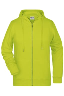 A bright green ladies zip hoodie with a front zipper and hood, featuring long sleeves and a logo.