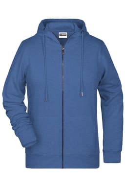 A blue ladies zip hoodie featuring a front zip and drawstring hood, with an unobtrusive logo.