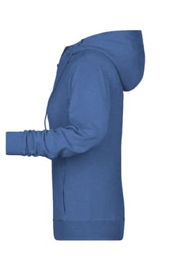 A blue ladies zip hoodie with a hood, featuring long sleeves and a front zip closure.