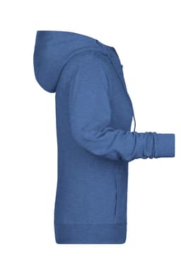 A blue ladies zip hoodie is displayed, featuring a hood and long sleeves. It includes a side view with a logo.