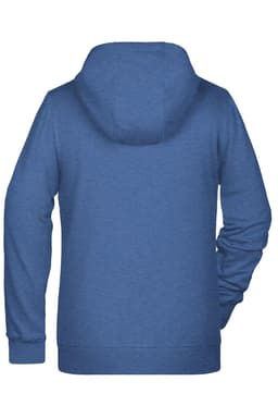 A blue zip hoodie for ladies featuring a hood and long sleeves. The back view shows the garment's design.