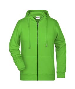 A vibrant green ladies zip hoodie featuring a hood and a front zip. It includes a logo on the chest.
