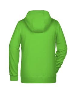 A vibrant green ladies zip hoodie featuring a hood and long sleeves, with a logo on the back.