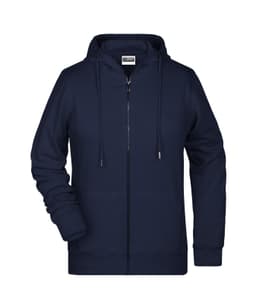 A navy ladies zip hoodie features a front zip closure and a hood, with a subtle logo on the label.