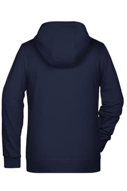 A navy blue ladies zip hoodie with a hood, featuring long sleeves and a simple design.