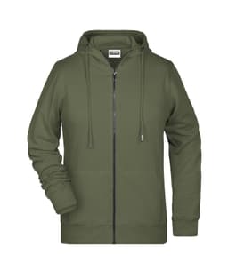 A green zip hoodie with a front zip, hood, and drawstrings, featuring one logo in the upper section.