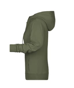 A ladies zip hoodie in olive green, featuring long sleeves, a hood, and a fitted design.