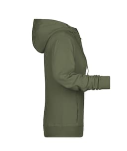 A ladies zip hoodie in olive green, featuring a hood and long sleeves, with a logo on the side.