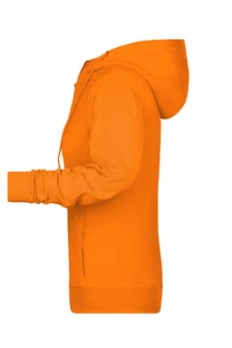 An orange ladies zip hoodie featuring a hood and fitted design, with a logo on the front.