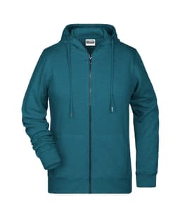 A teal zip hoodie featuring a front zip closure and a hood. It includes a logo on the label.