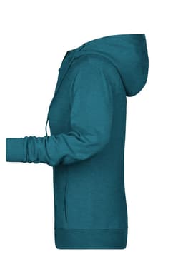 A ladies' zip hoodie in a teal colour featuring a hood and long sleeves, with a side view showcasing its design.