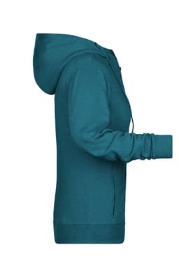 A teal ladies zip hoodie with a hood and long sleeves, featuring a side view and a branding logo.
