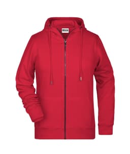 A red zip hoodie with a front zipper and drawstring hood, featuring long sleeves and a casual fit.