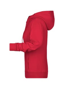 A red ladies zip hoodie featuring a hood and long sleeves. The design includes a logo on the front.