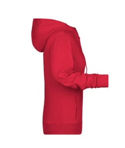 A red ladies zip hoodie with a hood and long sleeves, featuring a fitted silhouette.