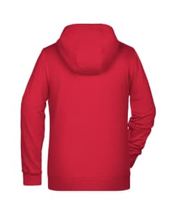 A red zip hoodie with a hood, featuring a casual design and a logo on the back.